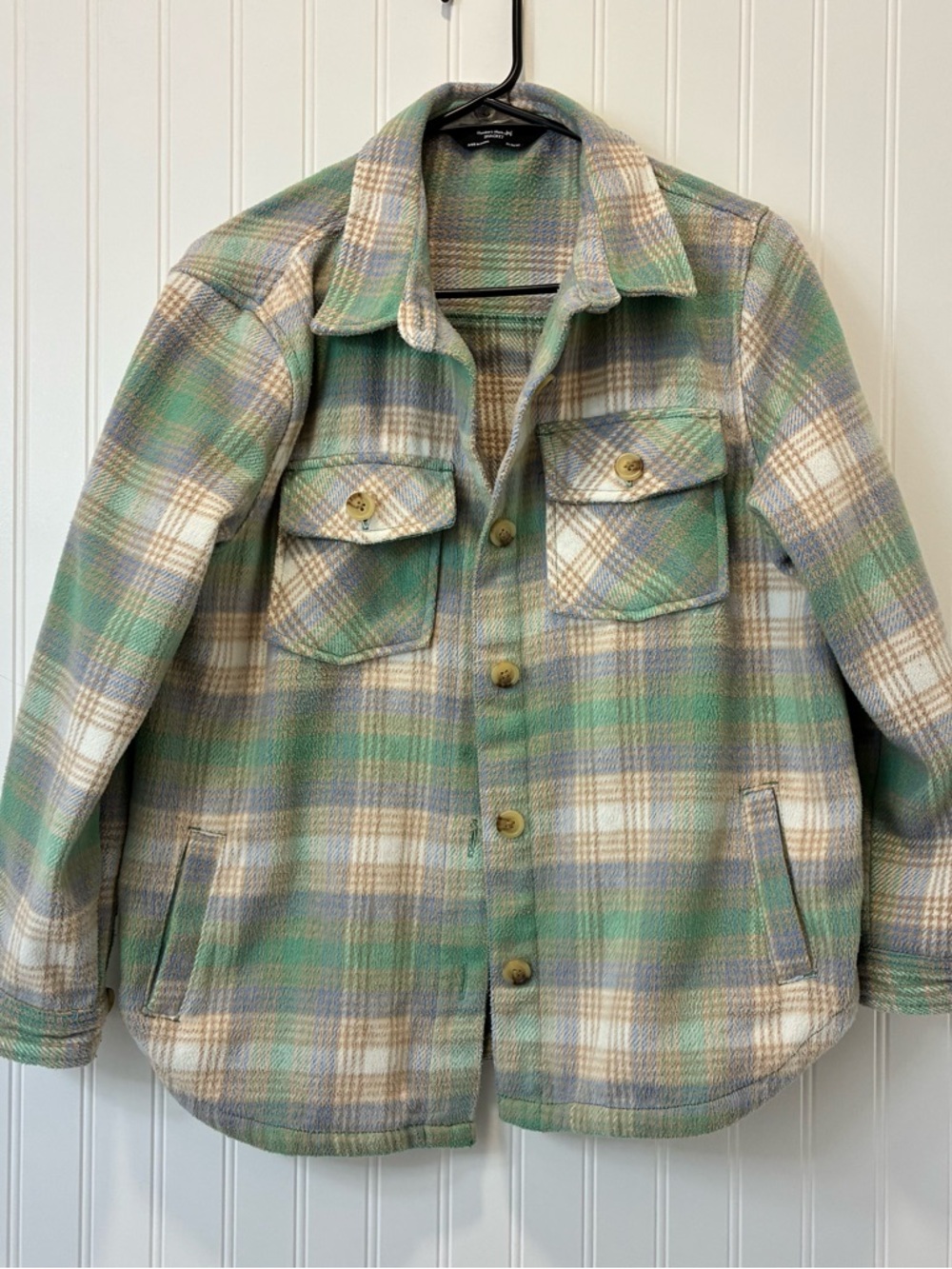 Girls XL 14/16 Plaid Button-Up Shacket in Mint, Cream & Tan